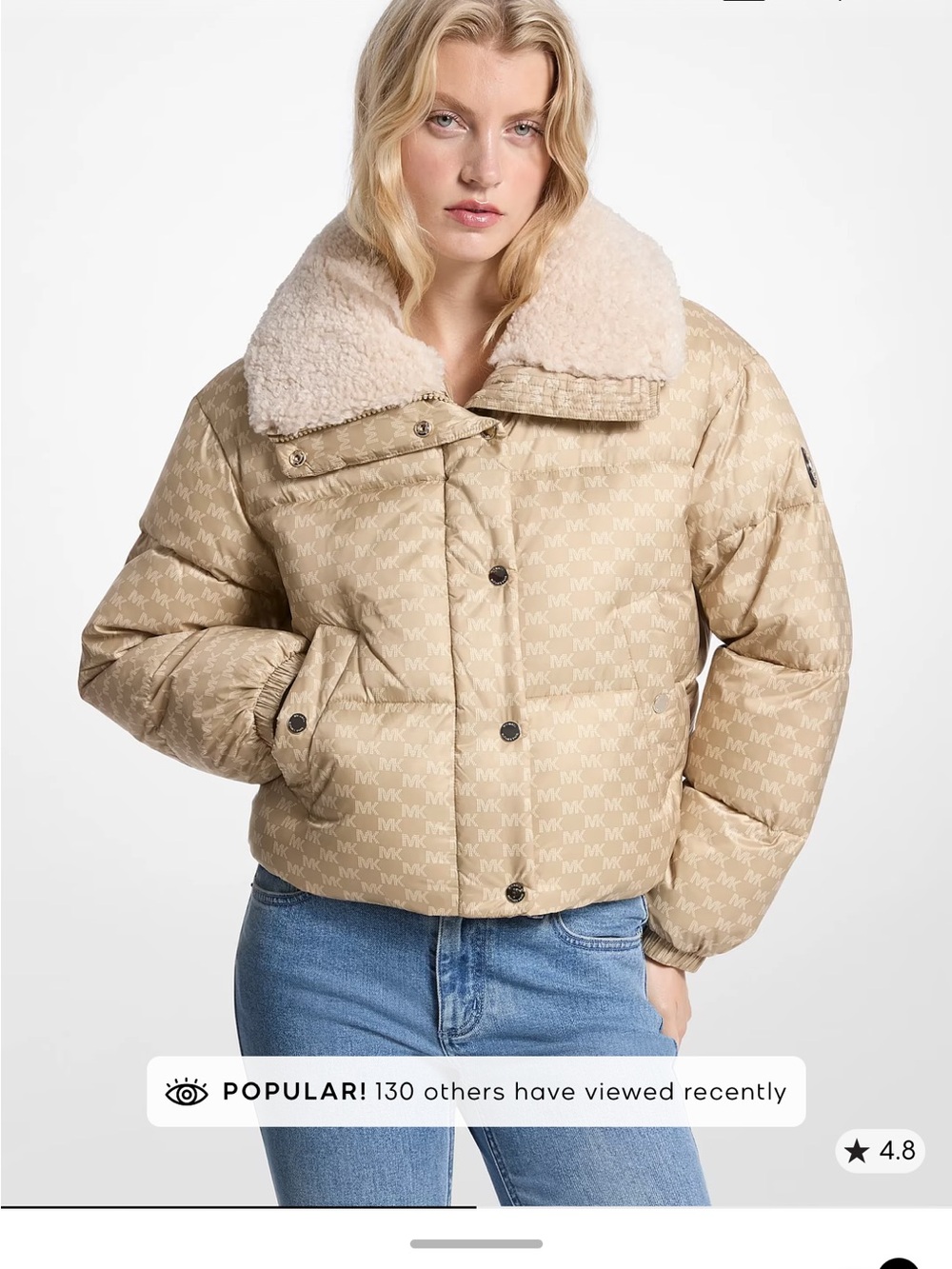 Firm PRICE. Michael Kors Beige Logo-Print Sherpa Collar Puffer Jacket